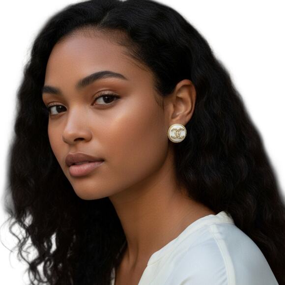 Repurposed Gold, White & Rhinestone Designer Button Stud Earrings - Picture 1 of 4